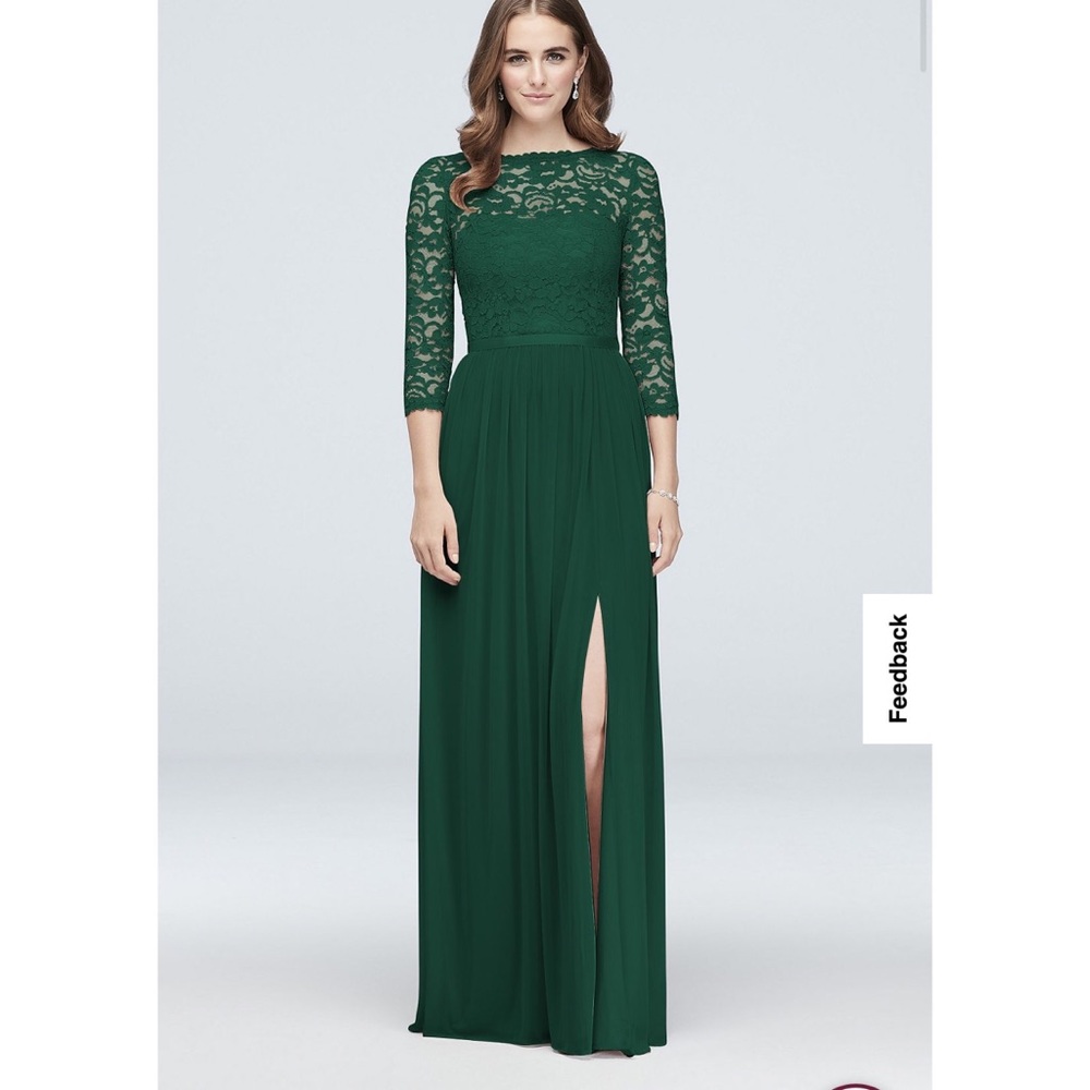 NWT David’s Bridal Lace Mesh 3/4 sleeve bridesmaid dress, Juniper Green